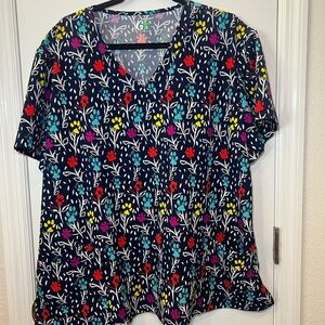 Vibrant Red and Blue Relaxed Short Sleeve Blouse